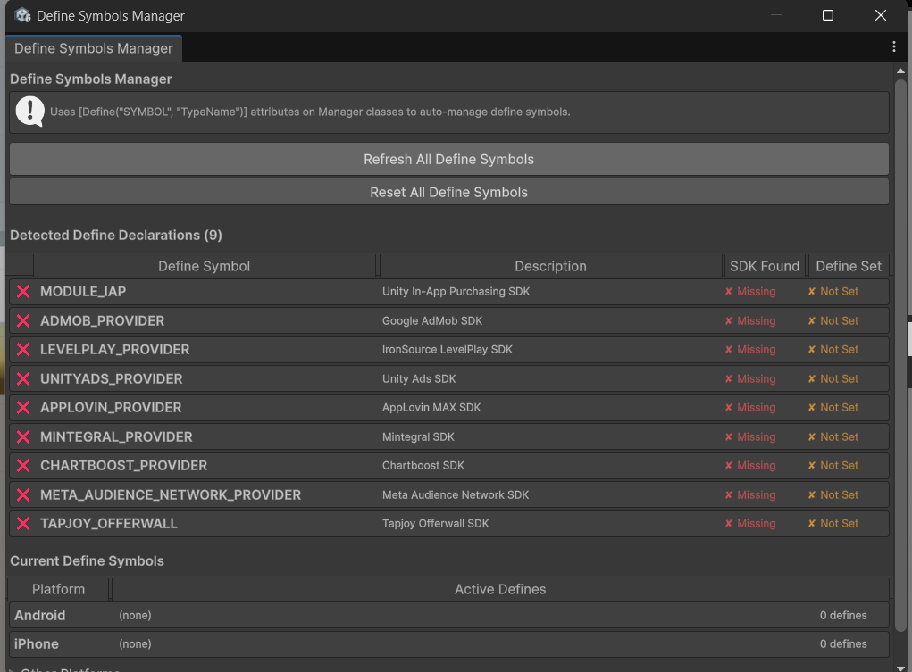 Define Symbols Manager Window
