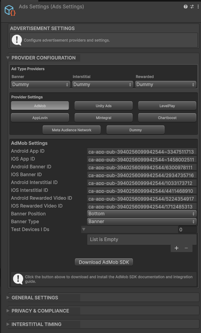 AdsSettings Inspector