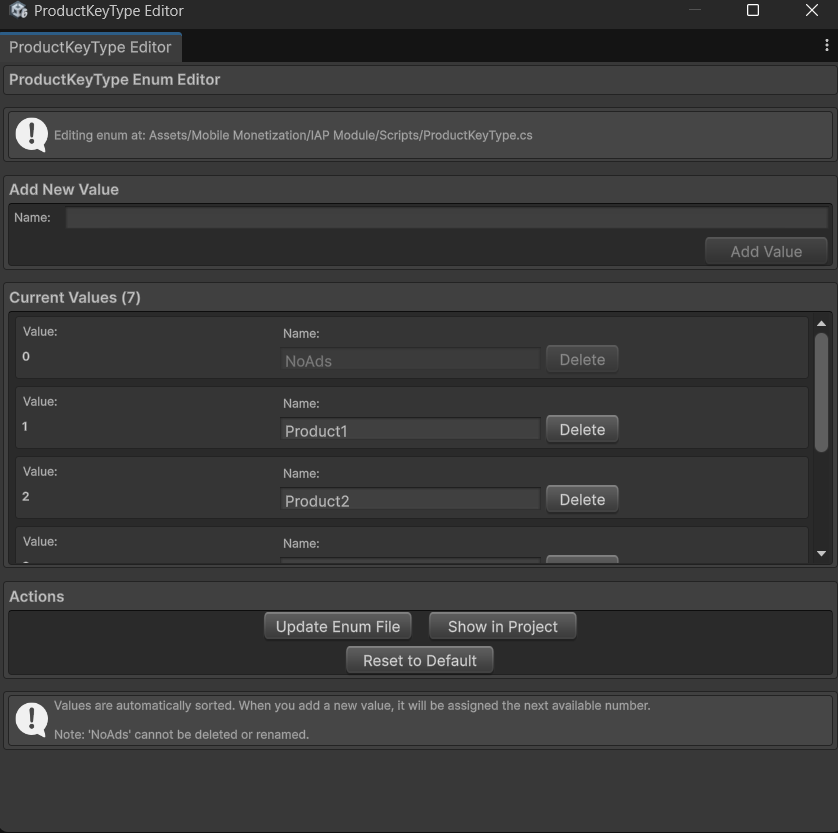 ProductKeyType Enum Editor Panel